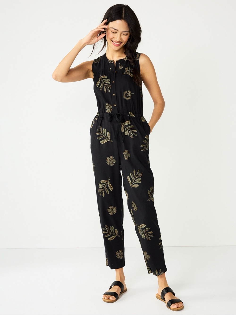 Sonoma Floral Jumpsuit Sleeveless Black Tan Medium Relaxed Fit